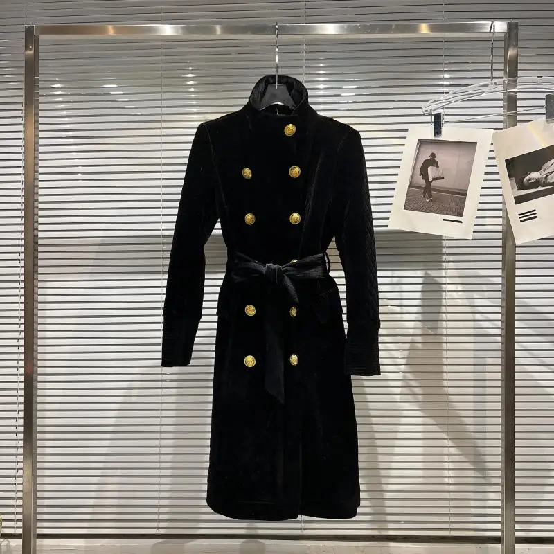 

Женское бархатное пальто, длинное двубортное пальто в клетку с поясом, 2022