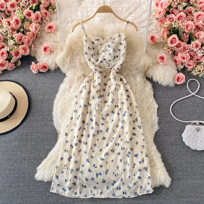

UuLuTonica Summer Spring Flower Holiday Seaside Camisole Women Female A-Line High Waist Ladies Dress