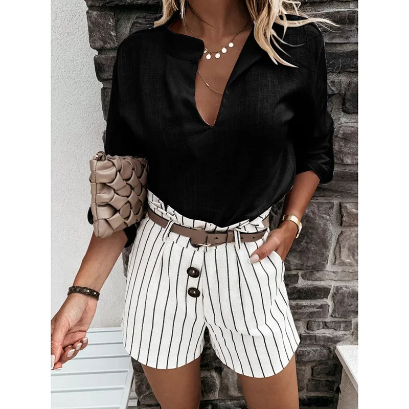 

V-Neck Sexy Women Blusas Shirt Loose Spring Autumn Sleeve Solid White Blue Casual Tops Office Ladies Pure Blouse Mujer SJ6606C