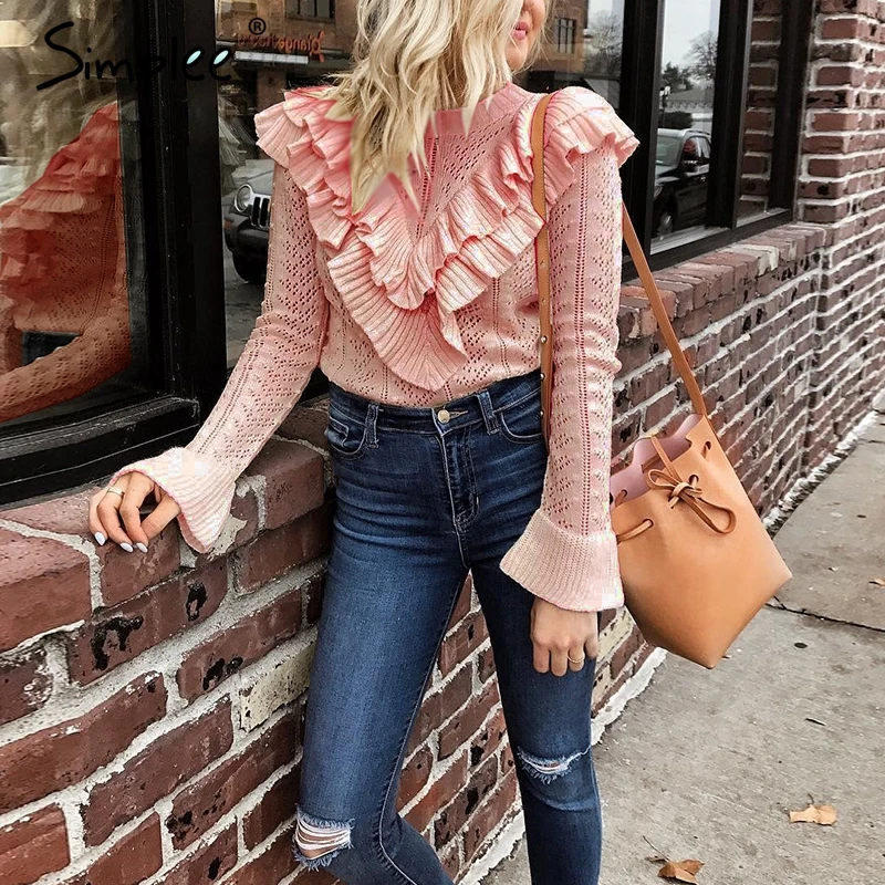 Женский вязаный свитер Simplee с рюшами полый облегающий пуловер круглым вырезом