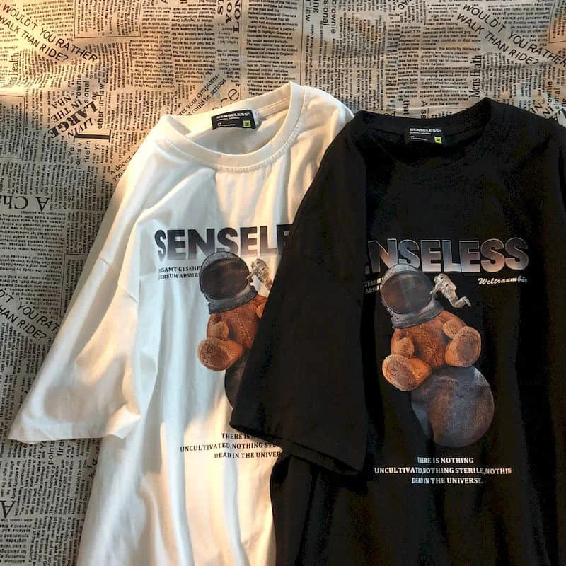 

Cotton Gothic T-shirt Hong Kong Style Harajuku Summer Boys short sleeve T-shirt trend versatile American bear print women shirt