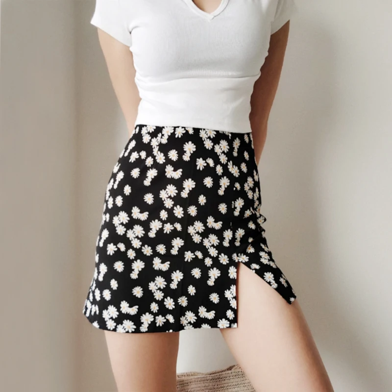 Женская модная мини юбка с разрезом спереди и цветочным принтом|Женские юбки| |