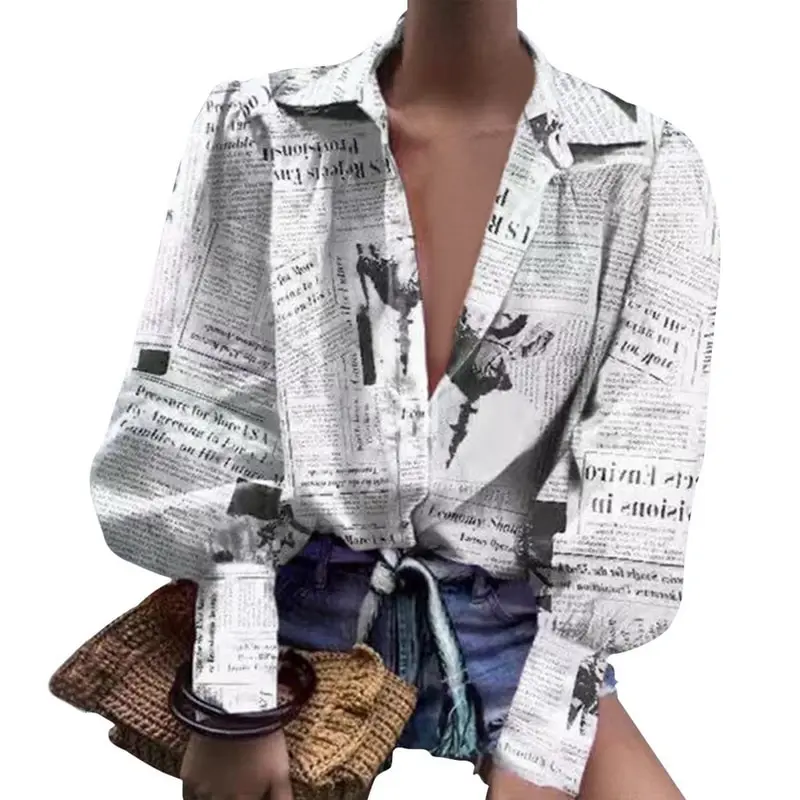 

New Fashion Women Casual Puff Long Sleeves Tops Office Blouses Ladies Blouses Shirt Deep V-neck Turn-Down Collar Shirts