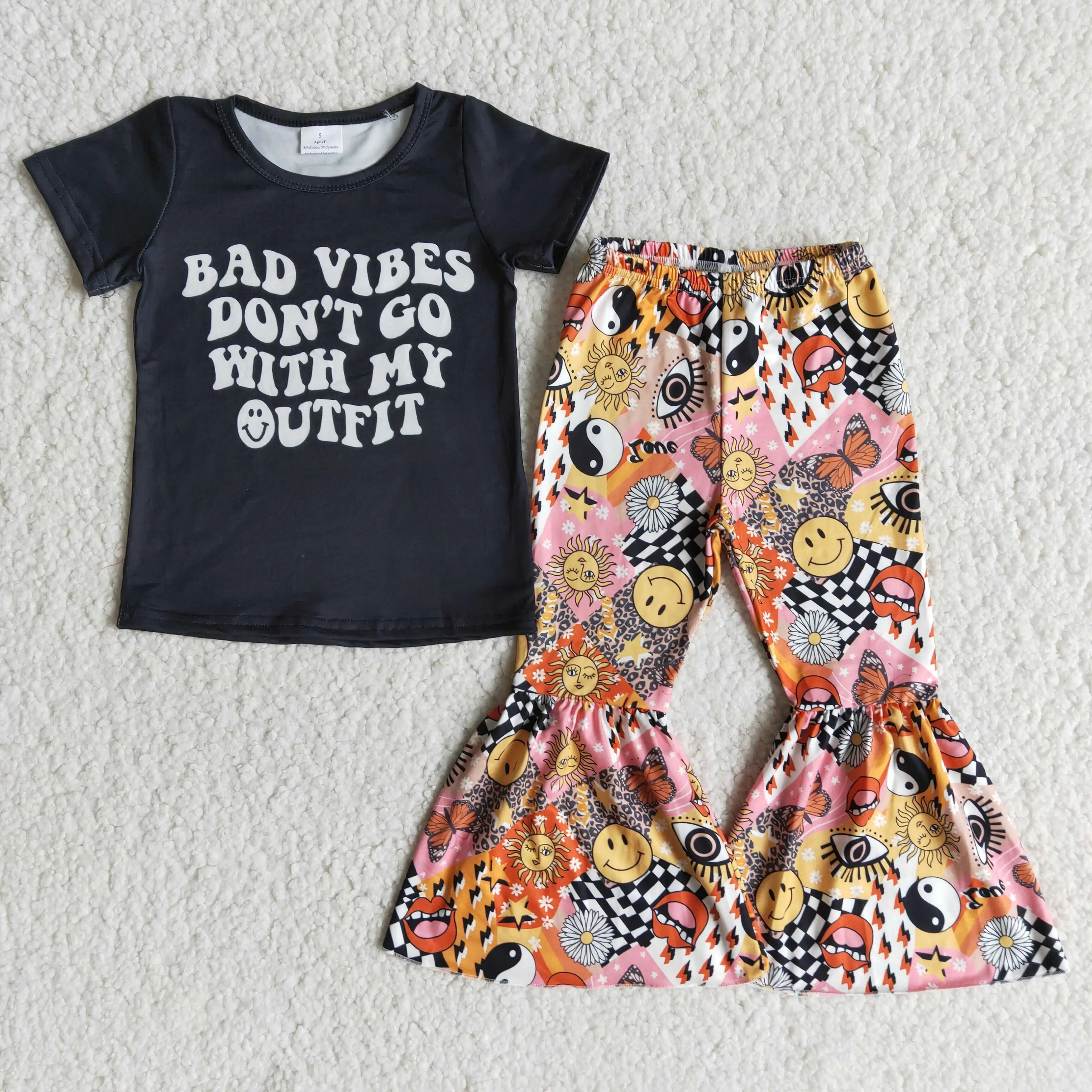 

Bad vibes don don go with my outfit girl's letter black tee cartoon bell bottom for kids 0-16 years old
