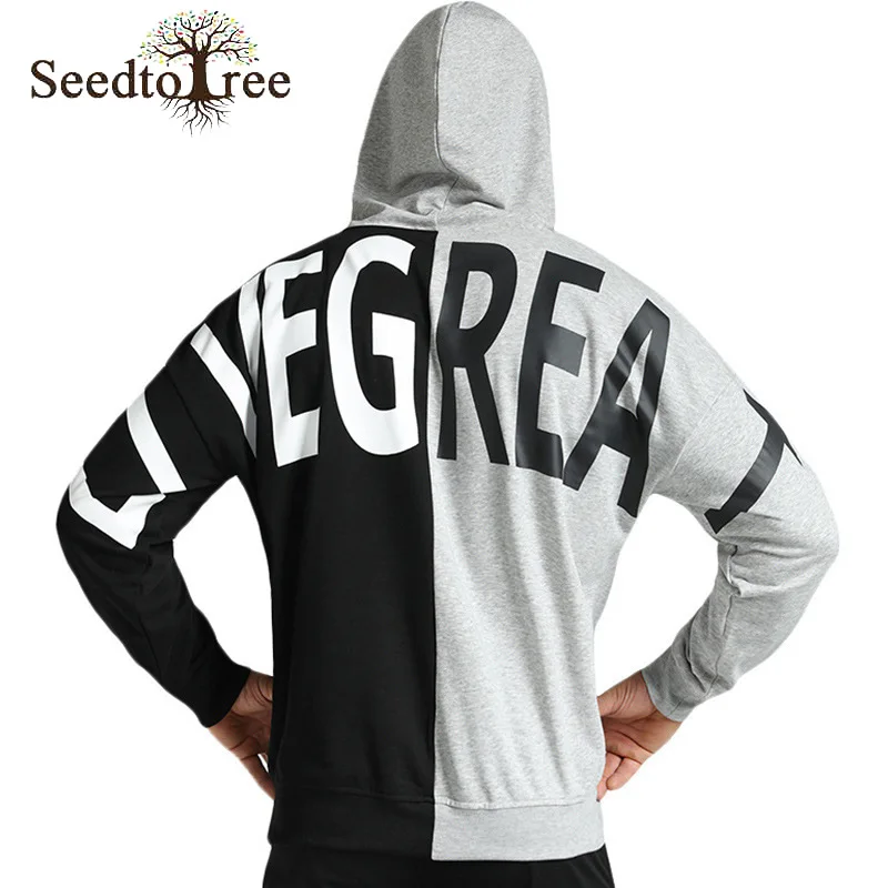 

Spring and Autumn Fleece Sweater Men's Loose Patchwork Pullover Hoodie Hooded Jacket Men