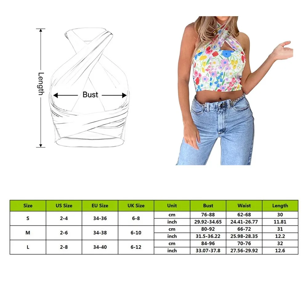 

2021 Summer Floral Print Halter Neck Crop Top Women Casual Off Shoulder Backless Mesh Y2K Beach Sleeveless Tank Tops Sexy