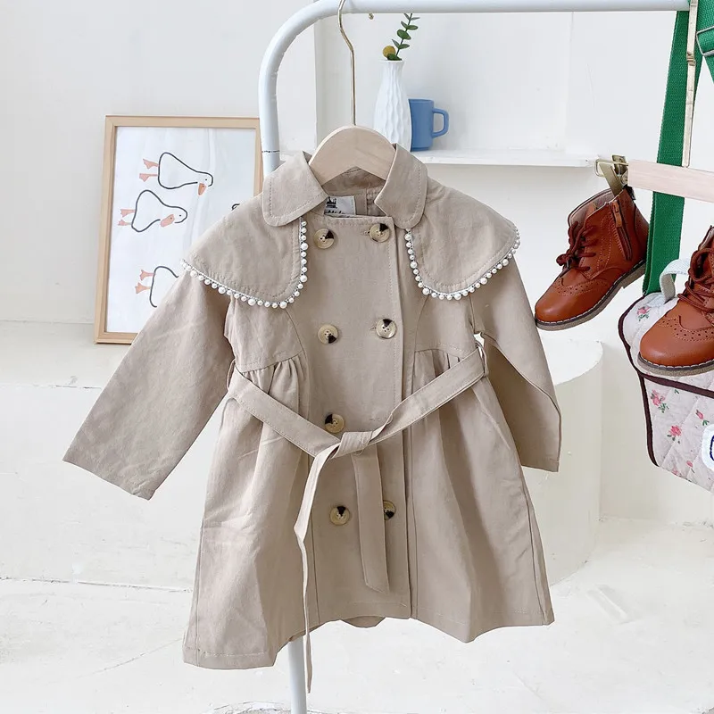 

Girls Pearl Collar Lapel Trench Coat Long Jacket Toddler Winter Clothes Kids Jackets for Autumn Clothes Little Girls Clothing
