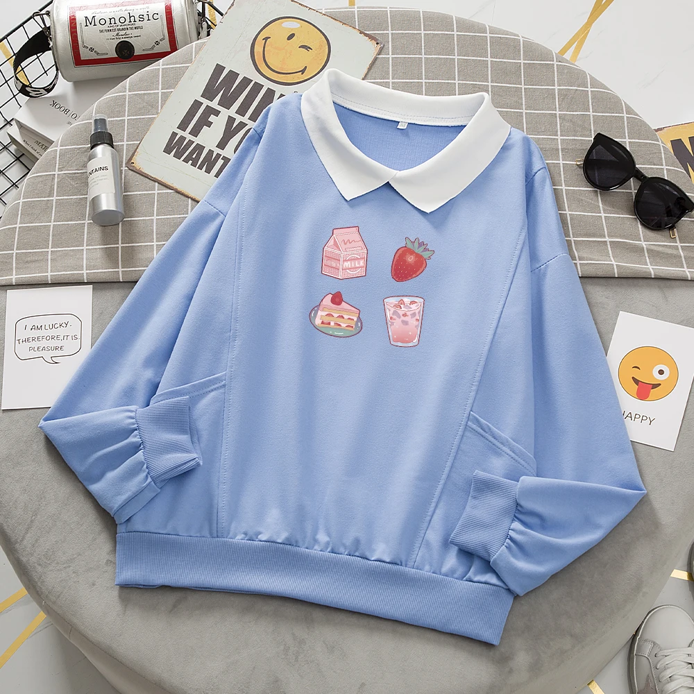 Kawaii Clothing Aesthetic Sweetshirt Strawberry Milk Hoodies Plus Size Woman Cutesy Japanese Women Turn-down Collar Sweatshirts
