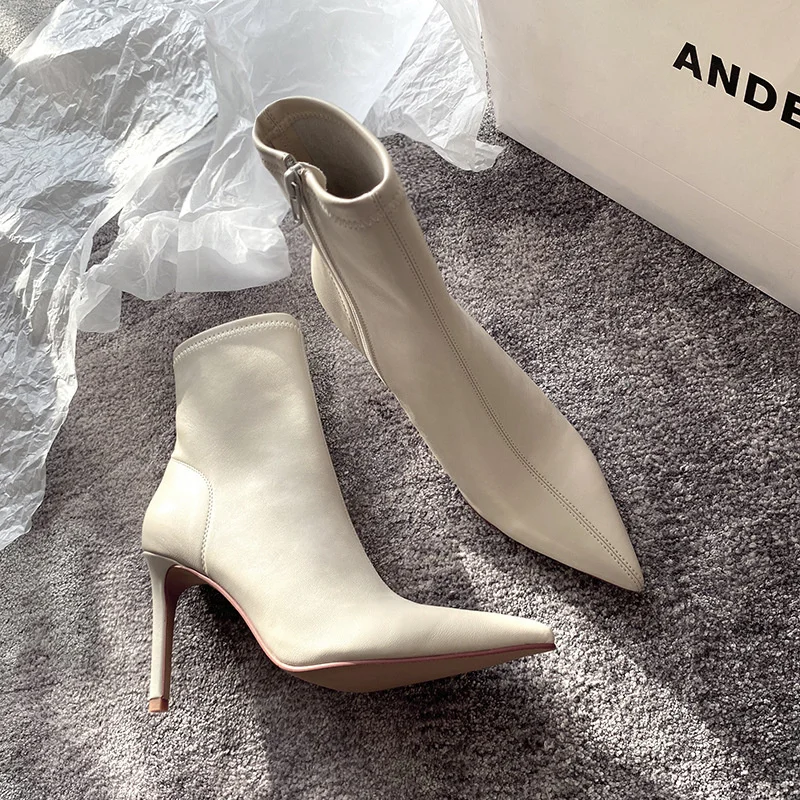 

Women Ankle Boots High Heels Short Booties 2021 Autumn Winter Women' Shoes Pointed Toe White Ladies Bota Feminina