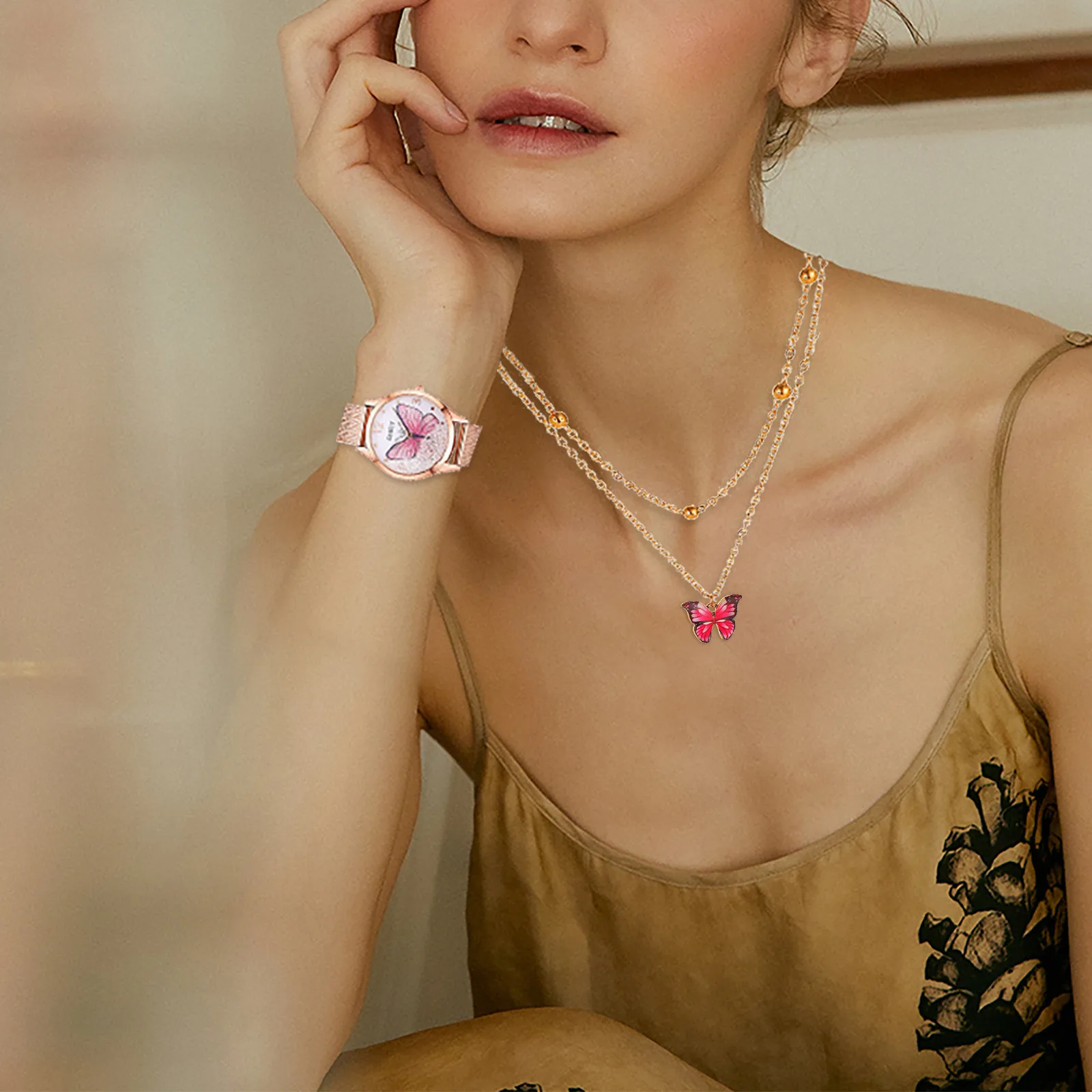 

Quartz Watch Butterfly Pattern Watch for Women Stainless Steel Mesh Strap 2021 Elegant Wristwatch with Necklace Montre Femme