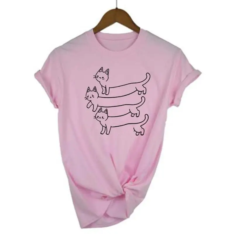 

Футболка женская с мультяшным принтом кошки, хлопковая Повседневная рубашка в стиле Харадзюку, топ с коротким рукавом, на лето