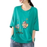 round neck cartoon sticker tops for women embroidered loose short sleeve cotton t shirt summer clothes contrast color stitching