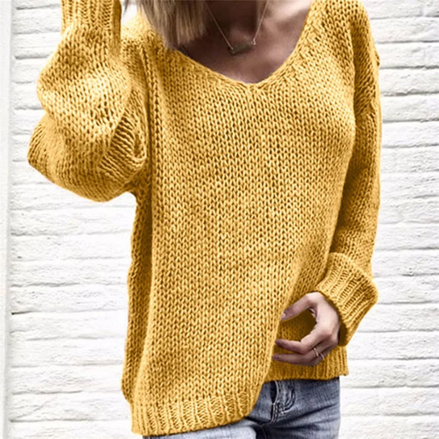 Fashion Women's Sweater V-neck Long Sleeve Solid Color Sweaters and Knitted Pullover Jumper Autumn Female | Женская одежда
