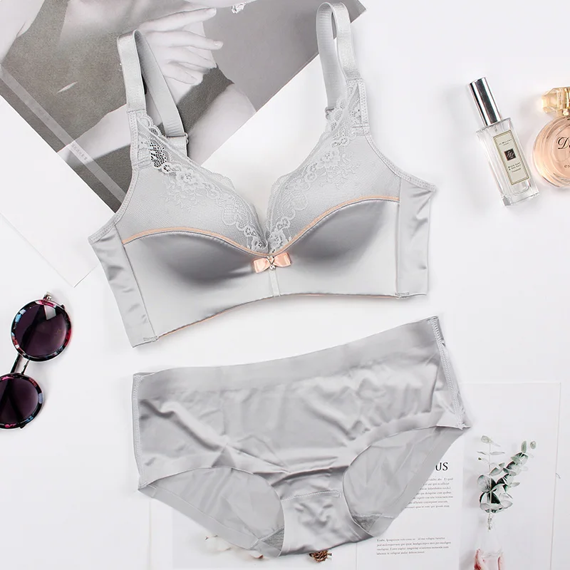 grey bra set Meizimei, кружевной deepV сексуальный бюстгальтер без косточек, комплект нижнего белья пуш-ап для женщин, маленький размер, бюстгальтер для девушек, тонкие трусики, бюстгальтер для девочек, ABC cup - Цвет: grey bra set