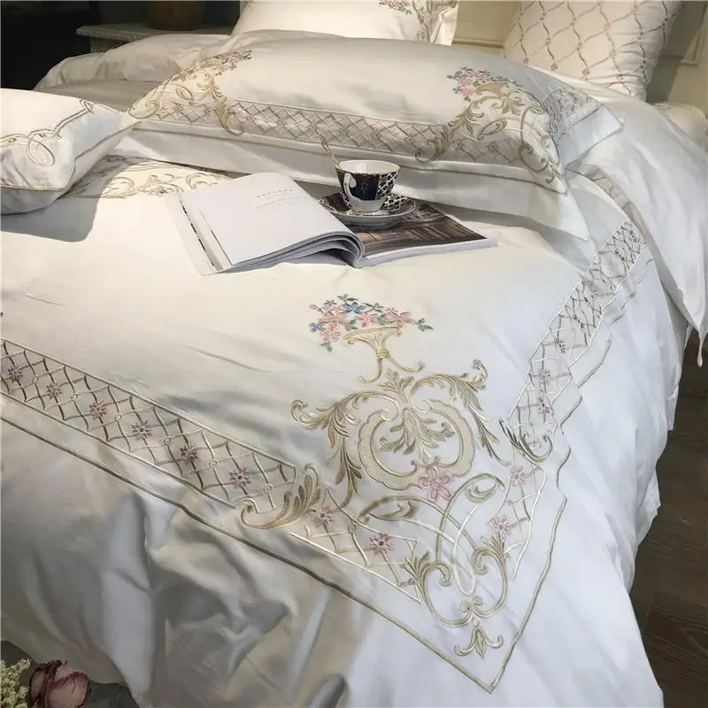 

600TC Egyptian Cotton White Bedding Set Embroidery Duvet Cover Bed Set Queen king size Bed sheet Fitted sheet set parure de lit