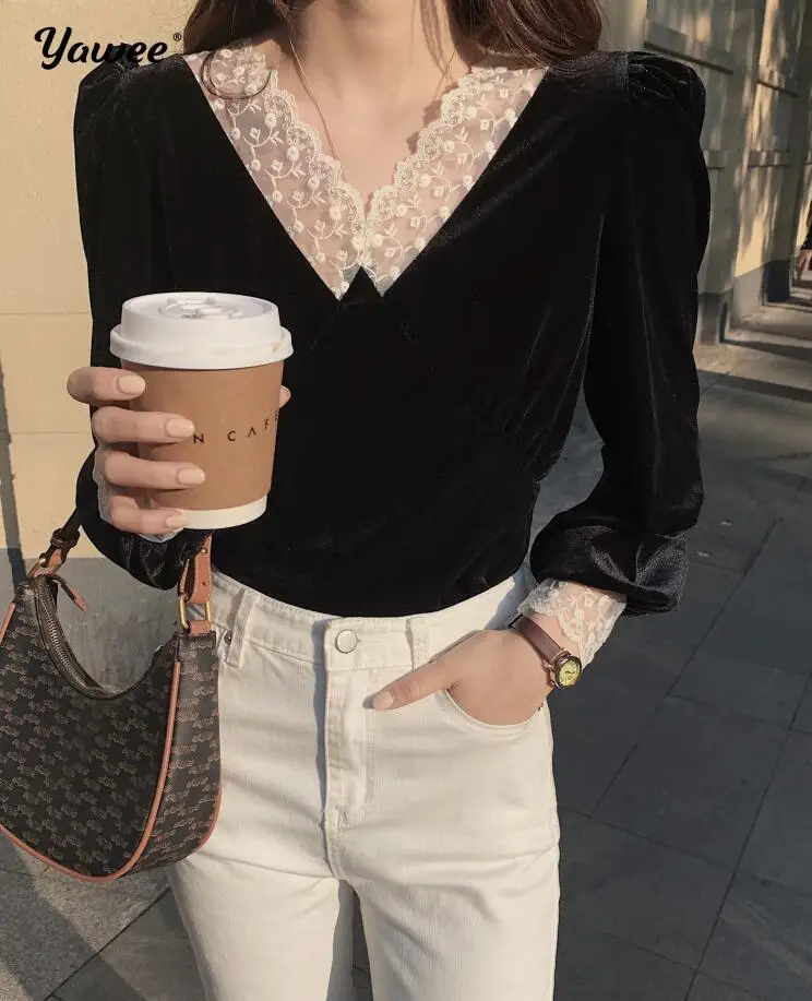

sexy v neck Patchwork lace Elegant Blouse Women Pullover Long Sleeve Slim Blusas Spring 2021 New black Shirt Feminino