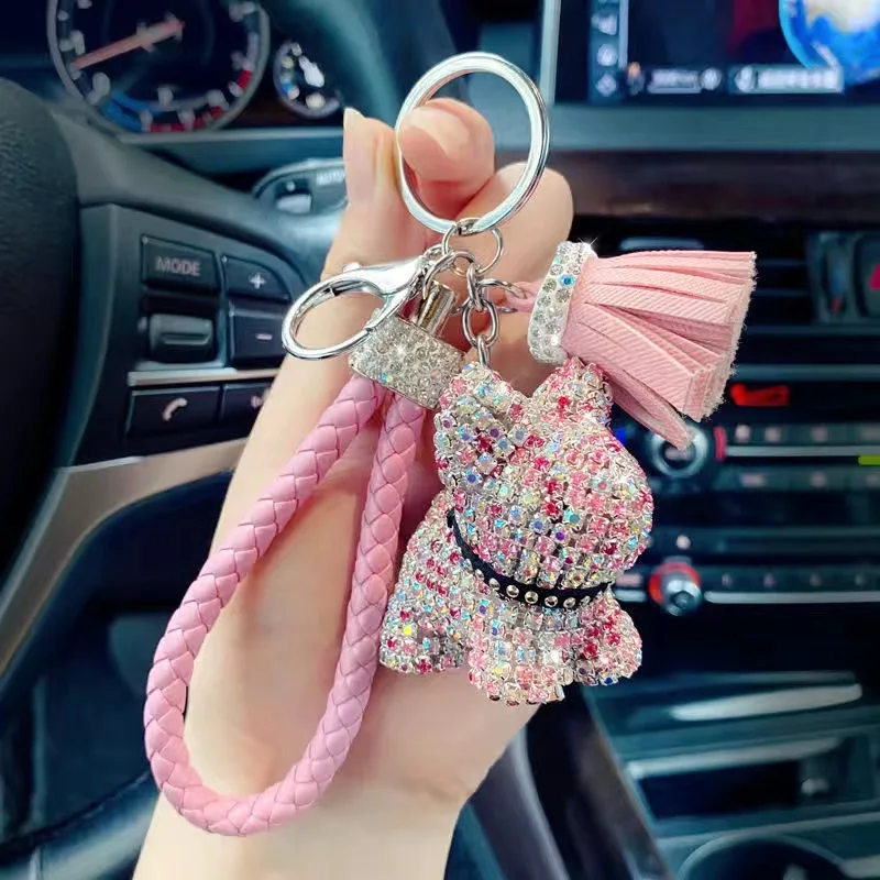 

Luxury Crystal French Bulldog Keychain Lanyard Full Rhinestone Leather Strap Keychains Women Bag Charms Men Car Key Ring Gift