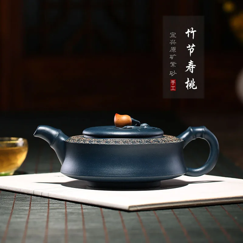 

★raw material dark green mud bamboo longevity peach purple clay teapot changyuehong handmade teapot sand in the rain