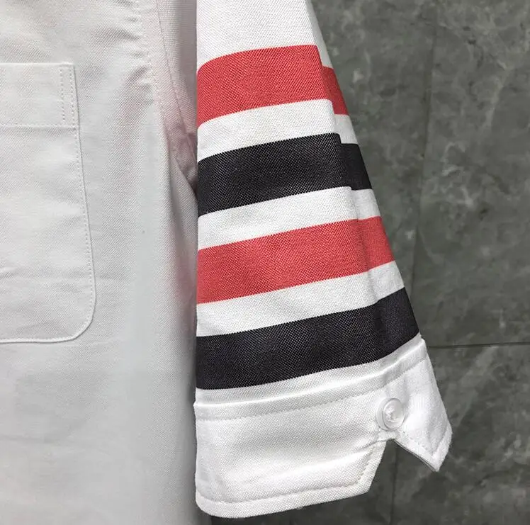 

TB THOM BULUO Brand Shirts Men White Red Black Striped Short Casual Shirt Turn Down Collar Oxford Solid Men's Clothing