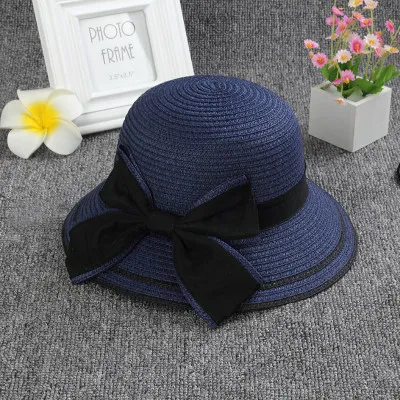 

Summer Parent-child Solid Color Straw Hat with Big Brim Sun Protection Big Bow Hat for 3-8y Kids Girl and Mom Single Piece