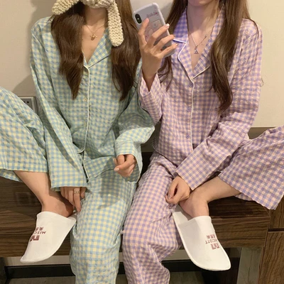 

CAIYIER Green Grid Women Pajama Set Korean Style Loose Leisure Sleepwear Elastic Waist Pant Nightwear Spring Winter Home Clothin