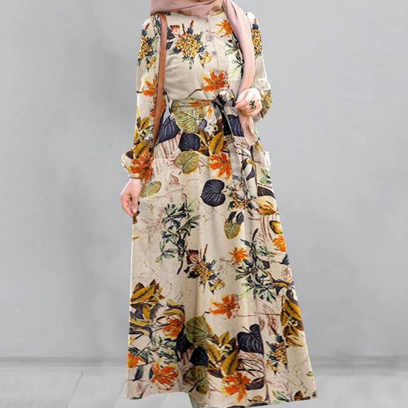 Italian fashion abaya clothing printing retro Ramadan dress Muslim women long dress Dubai Arab Islamic ethnic evening dress