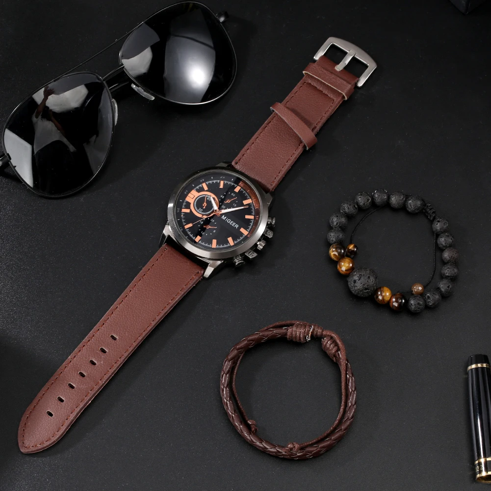 

Gift Box for Men Brown Quartz Leather Watch Simple Dial Clock Pin Buckle Men's Exquisite Bracelet Chain Best Gifts for Boyfriend