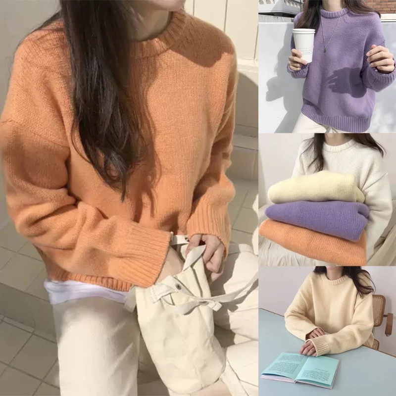 

Women Chunky Knitted Long Sleeve Tops Round Neck Solid Color Faux Wool Sweater Casual Oversized Loose Pullovers Jumper
