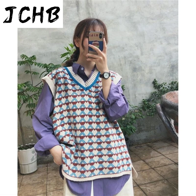 

2021 Retro V-neck Vest Women Knitted Striped Jacket for Korean Style Oversized Clothes Sleeveless Tops Young Ins Jackets