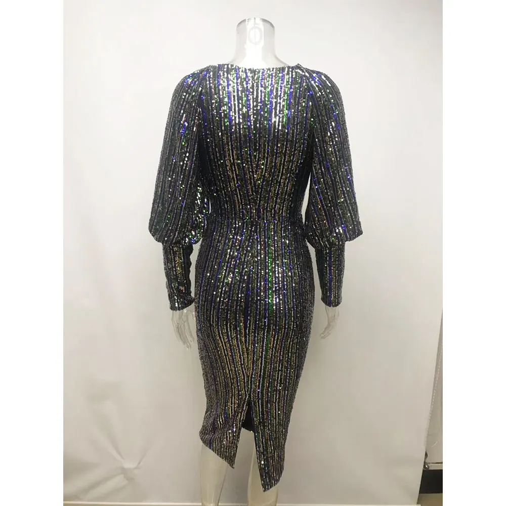 

2020 New Arrivals Sexy Sequins Deep V Neck Mid Calf Dress for Women Full Sleeve Sheath Bodycon Party Night Club Dresses