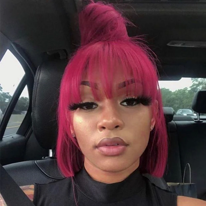 

Brazilian Short Bob Human Hair Wigs With Bangs Burg Red Brown Straight Hair Bangs Wig Remy Hair Bob Wigs For Black Women 150%