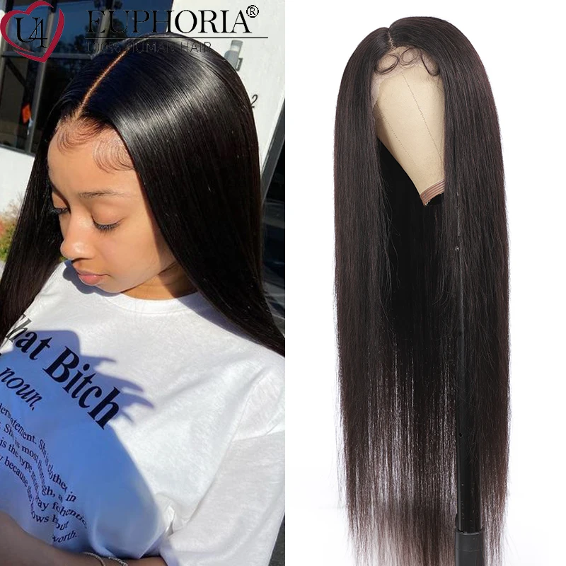 

Middle Part Human Hair Wigs Brazilian Remy Hair 13x4x1 T/L Part Lace Front Wig 150% Density Natural Black Pre Plucked EUPHORIA