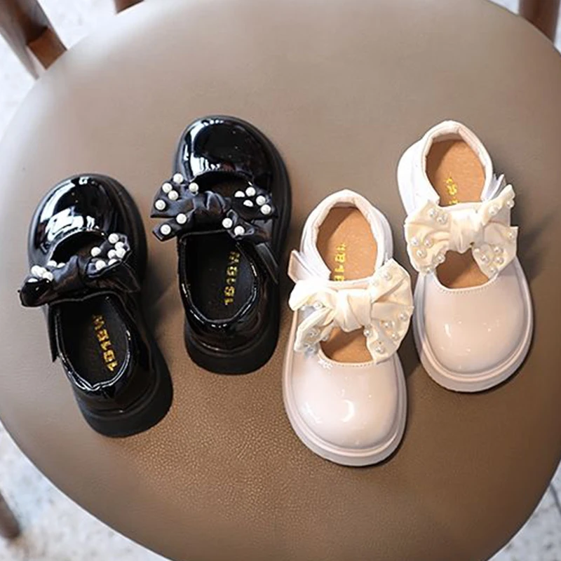 

Menoea Girls Princess Bow Leather Shoes 2021 New Fashion Kids Pearls Party Shoes Elegant Cute Flats Children Fall Casual Shoes
