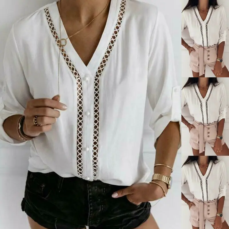 Женская свободная футболка с длинным рукавом и V-образным вырезом | одежда