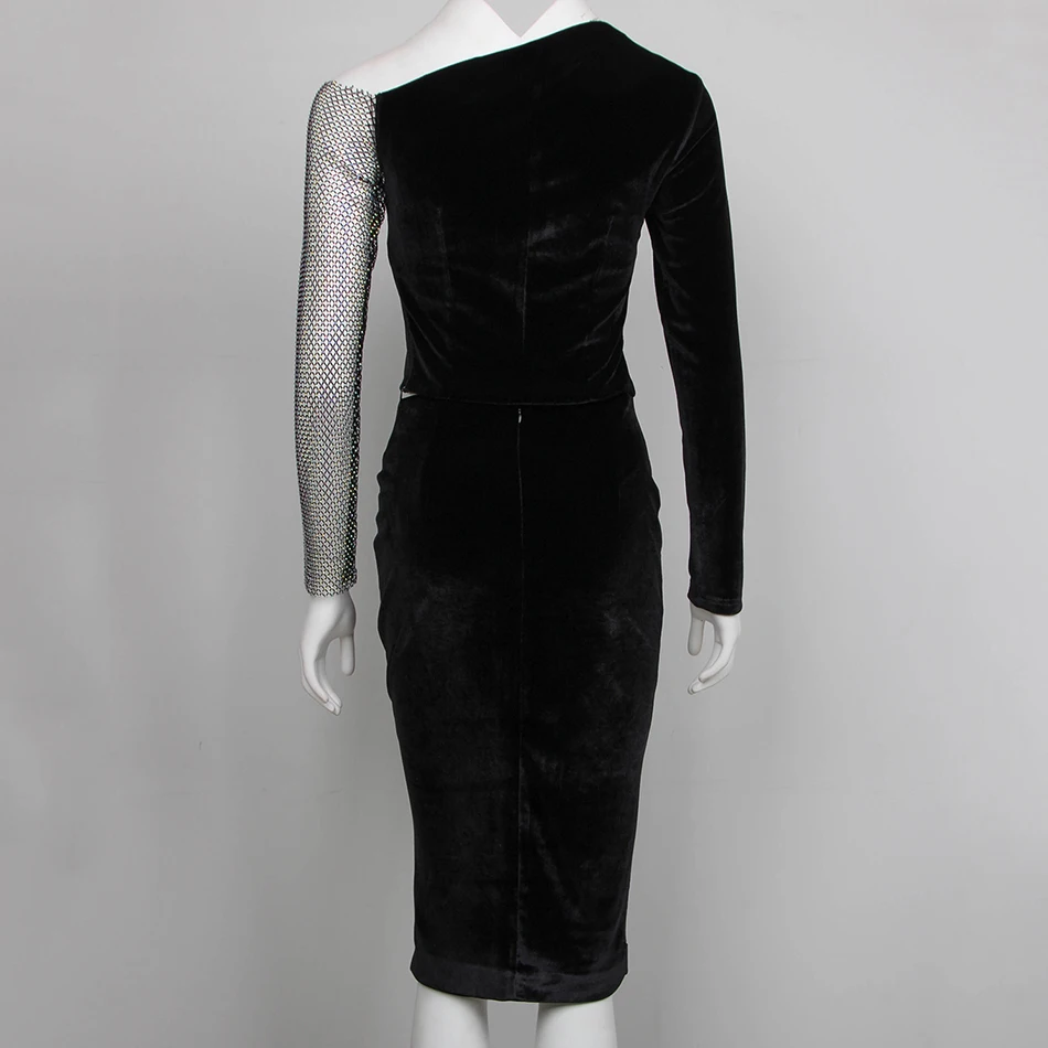 

Ailigou 2020 High Quality Women's Velvet Black Fishnet Long Sleeve Shiny Hollow Sexy Midi Elegant Celebrity Party Dress Vestidos