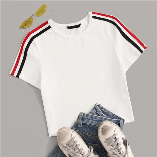 Белый SweatyRocks топ в контрастную полоску, уличная одежда с коротким рукавом, женские футболки с боковой полосой, летние повседневные женские короткие футболки - Цвет: Белый