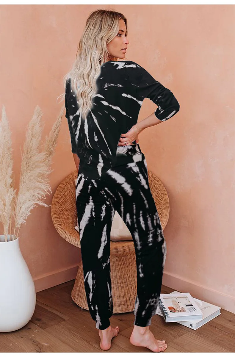 Женский пижамный комплект с длинным рукавом весенне осенний галстуком краской