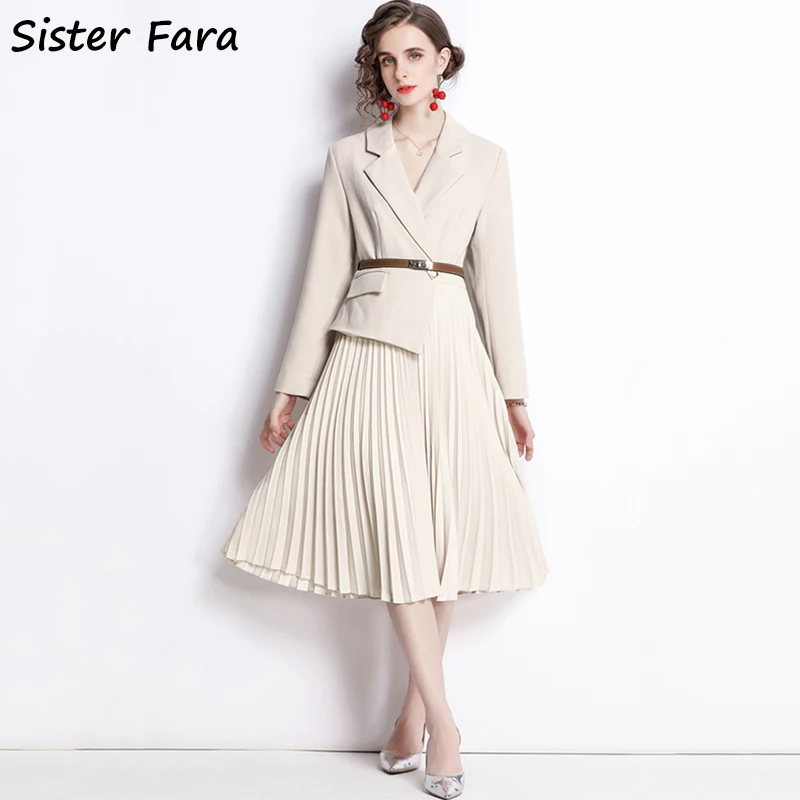 

Sister Fara 2021 Spring Autumn Blazers Style Dress for Women High Waist Pleated Dresses Ladies Elegant Slim Solid Casual Dresses