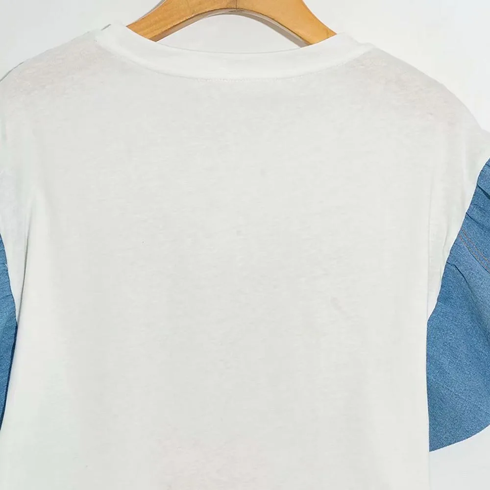 

Disney T-Shirt Fashion Mickey Mouse Cartoon Letter Print Short Butterfly Sleeve Denim Splice Vintage Women Female Tee Tops White