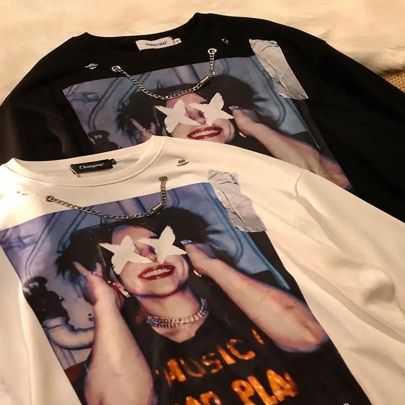 

Autumn winter high street sweater men's loose retro hip hop long sleeve T-shirt