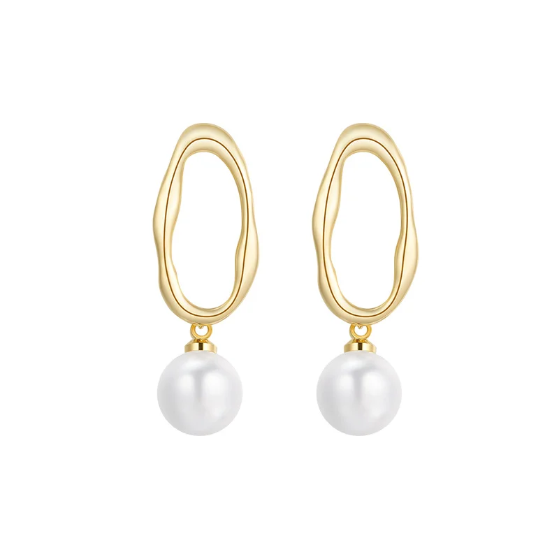 

JIAN New Trendy Pearl Long Hoop Earrings for Women Girls Geometric Gold Color Metal Irregular Circle Earring Wedding Jewelry