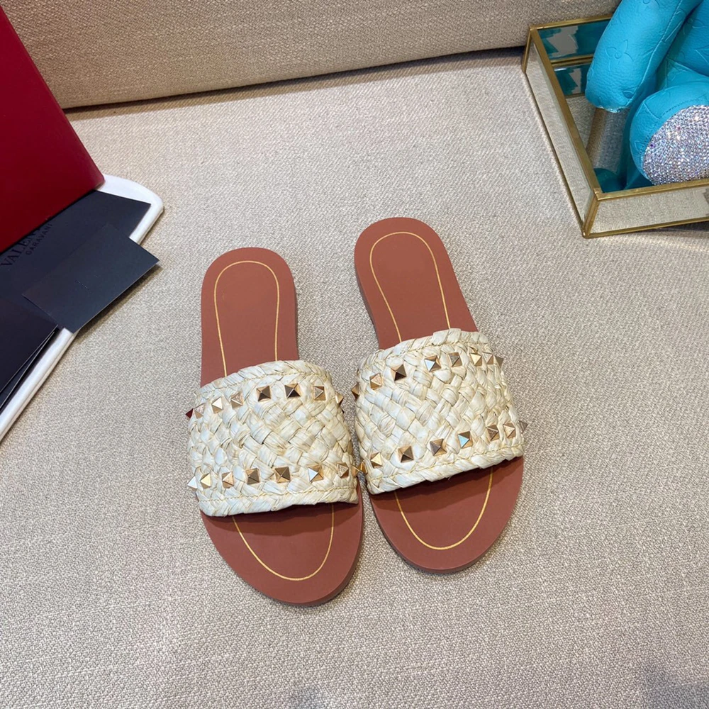 

Ollymurs 2021 new summer leather women's slippers Fashion Eye Nail Flat Slippers Woven Flat Slippers 35-43