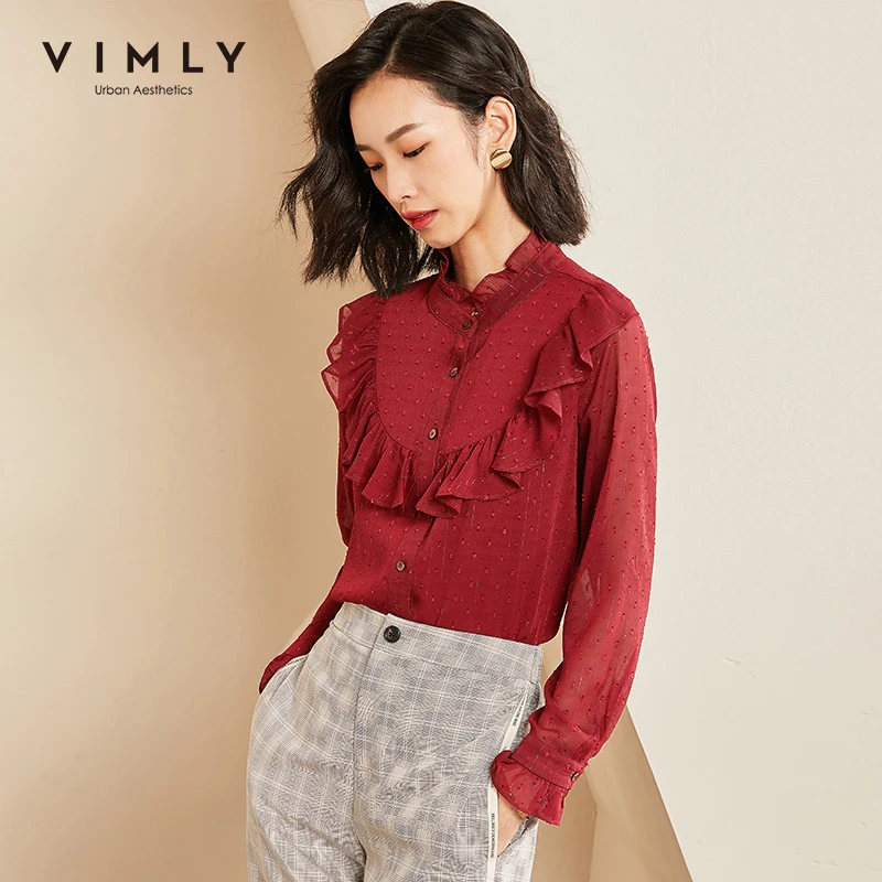 Vimly 2020 Осенняя Женская винтажная блузка в горошек с оборками элегантная офисная