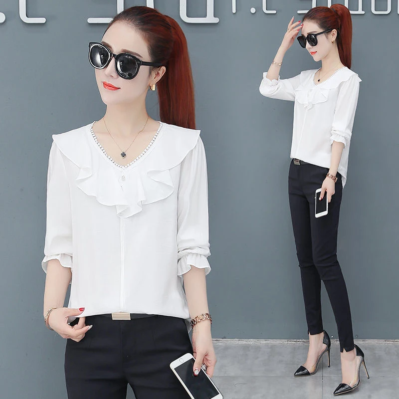 Женские шифоновые рубашки в повседневном стиле с длинным рукавом и воротником