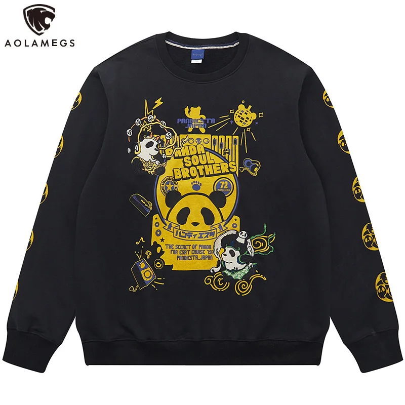 

Aolamegs Cartoon Panda Embroidery Print Sweatshirts Men Winter Autumn Oversize Chinese Hoodie Couple Casual High Street Pullover