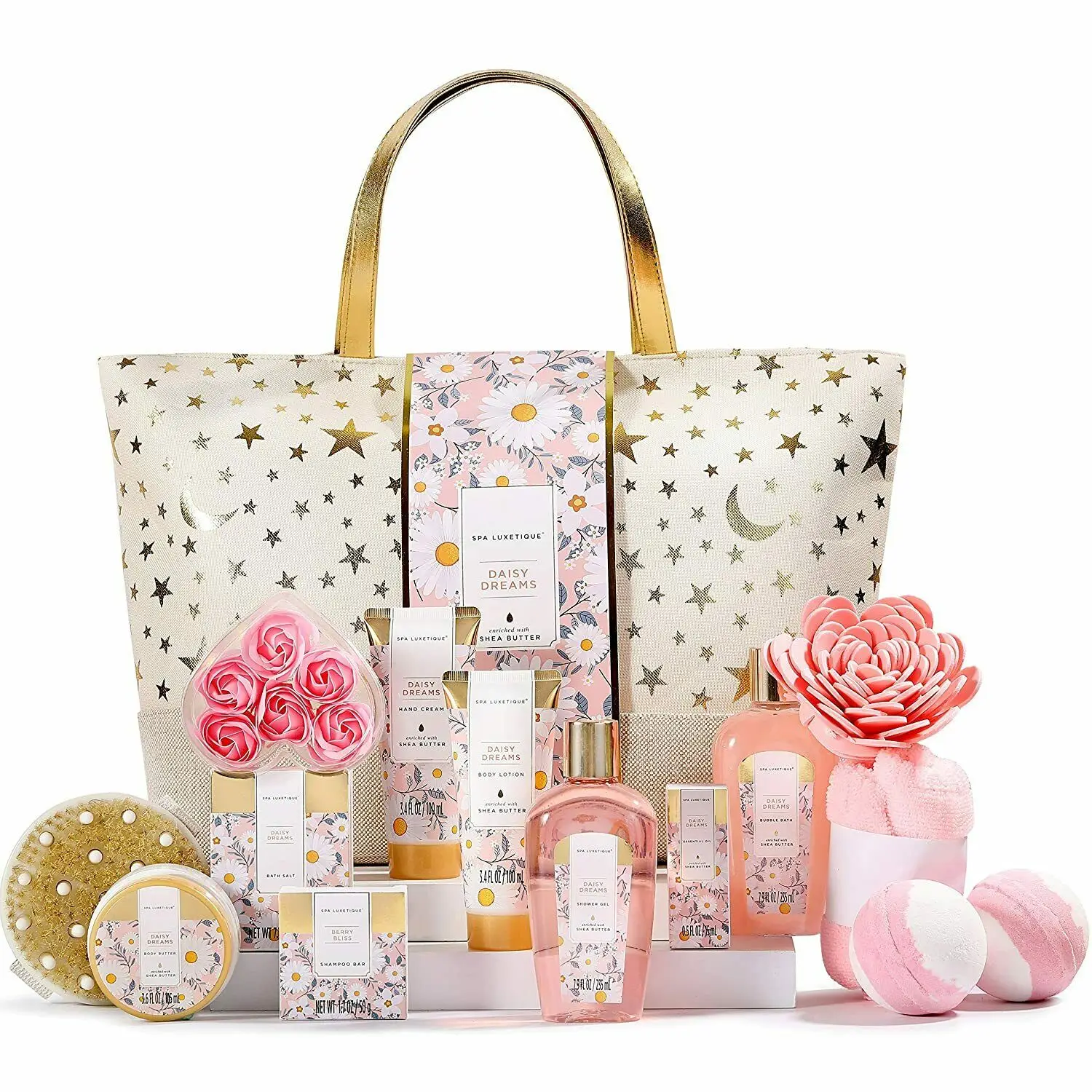 Daisy Dreams Spa Gift Basket for Women, 15pcs Bath & Body Set with Essential Oil, Body Butter, Bath Salt