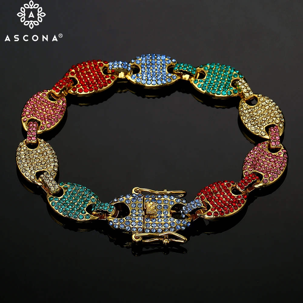 

Man's Hip Hop Rock Multi-color Iced Out Rhinestone Gold Coffee Beans Link Chain Bracelets Bling Luxury Punk Trendy Women Jewelry