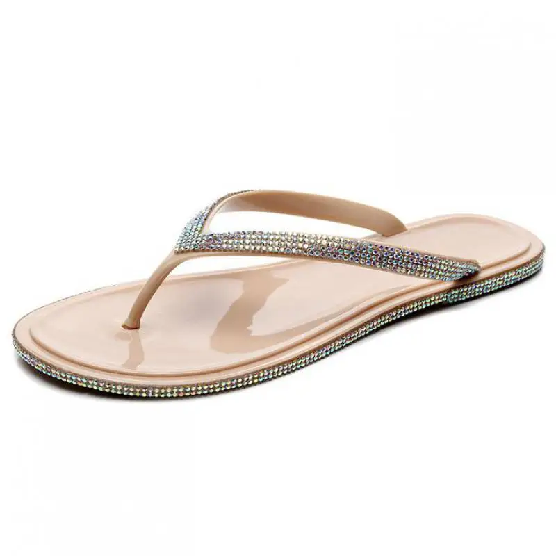 Женские летние домашние шлепанцы с кристаллами пляжная обувь открытым носком