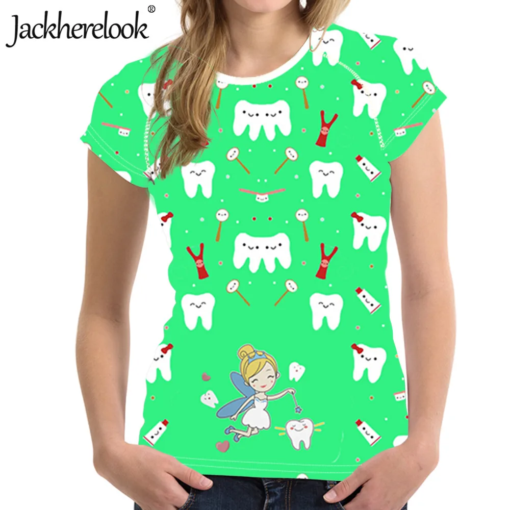 

Jackherelook Brand Design Cartoon Teeth Dental Women's Summer Tops Female Soft T-shirt Casual Short Sleeve Tshirt Dentist Tees
