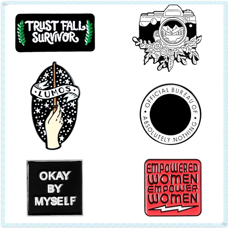

Trust Fall Survivor Black and White Camera Flower Lightning Punk Enamel Pins Brooch Lapel Pin Star Magic Wand Hand Gifts Friends